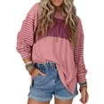 thumbnail image 3 of SLADYGLO Women Contrast Color Crew Neck Strip Print Long Sleeve Split Hem Top, 3 of 5