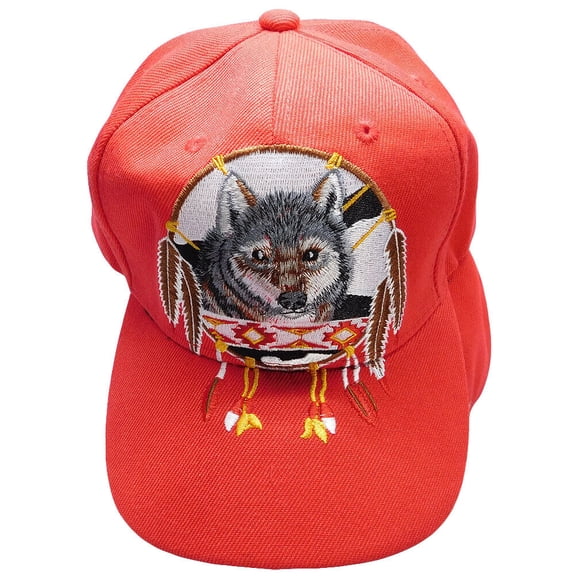 Native Pride Dreamcatcher Wolf Red Embroidered Cap Hat