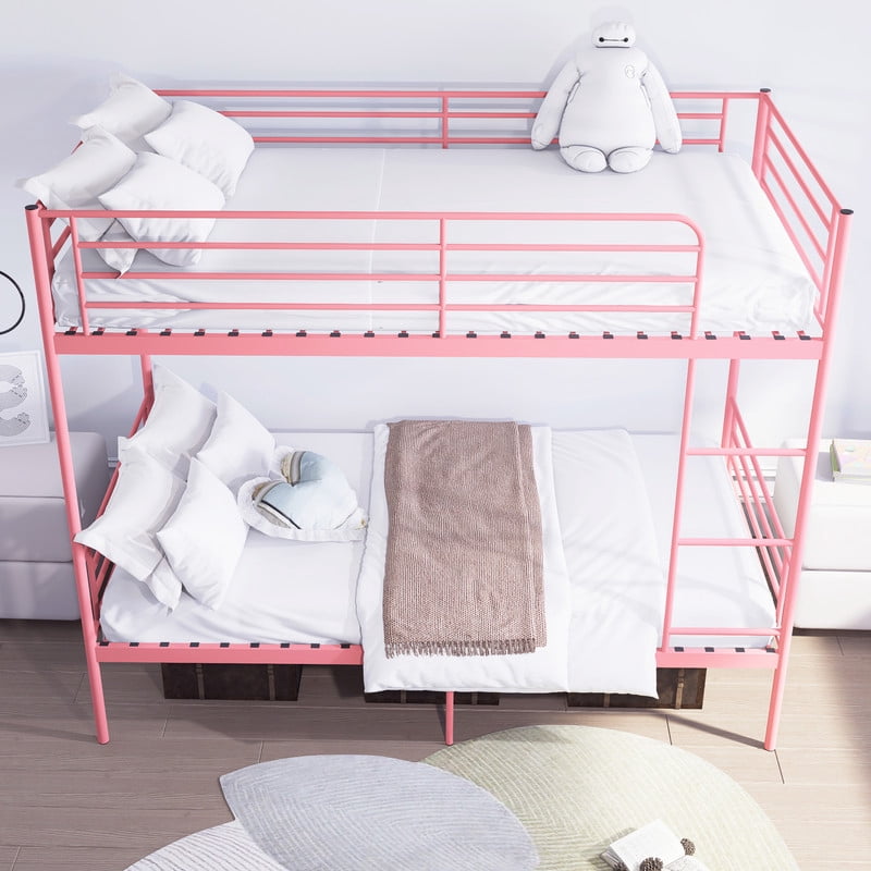 Twin Over Twin Metal Bunk Bed with Ladder, High Guardrails, Under-bed Storage, Noise-Free Design, Convertible to 2 Twin Beds