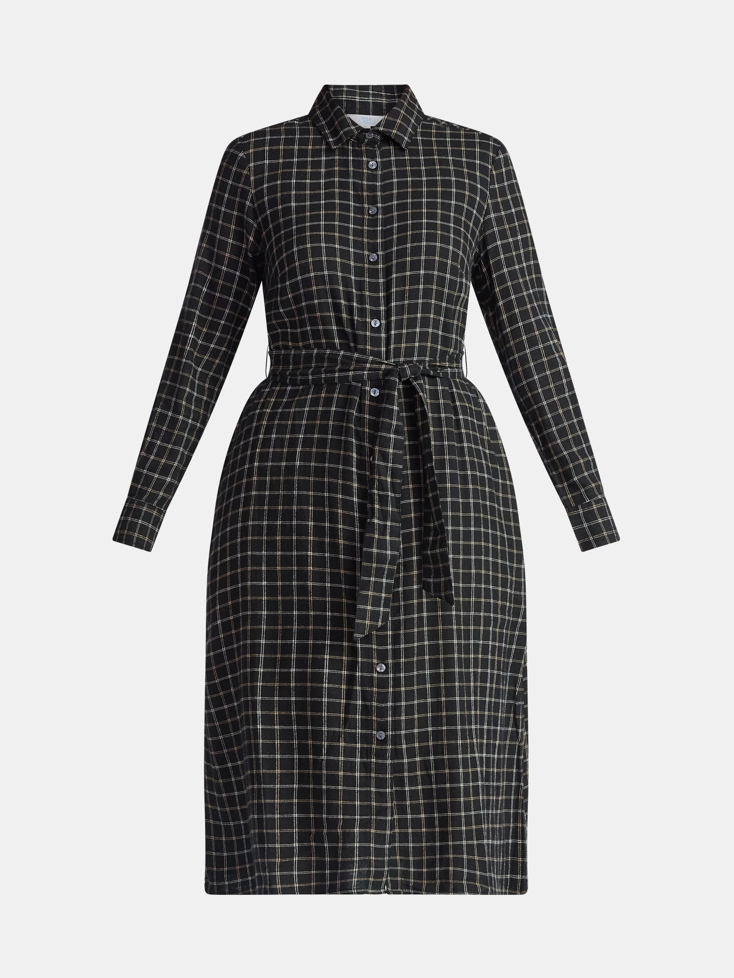 最終お値下☆Checkered Pleats Long Shirt Dress Time and Tru Women's Plaid Shirt Dress with Long Sleeves, Sizes XS