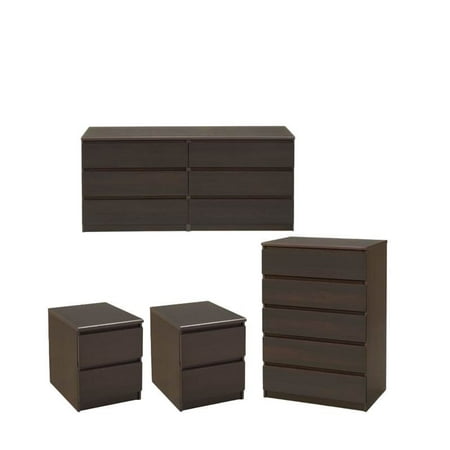 4 Piece Bedroom Set with 6 Drawer Double Dresser, 5 Drawer Chest & Two 2 Drawer Nightstands in