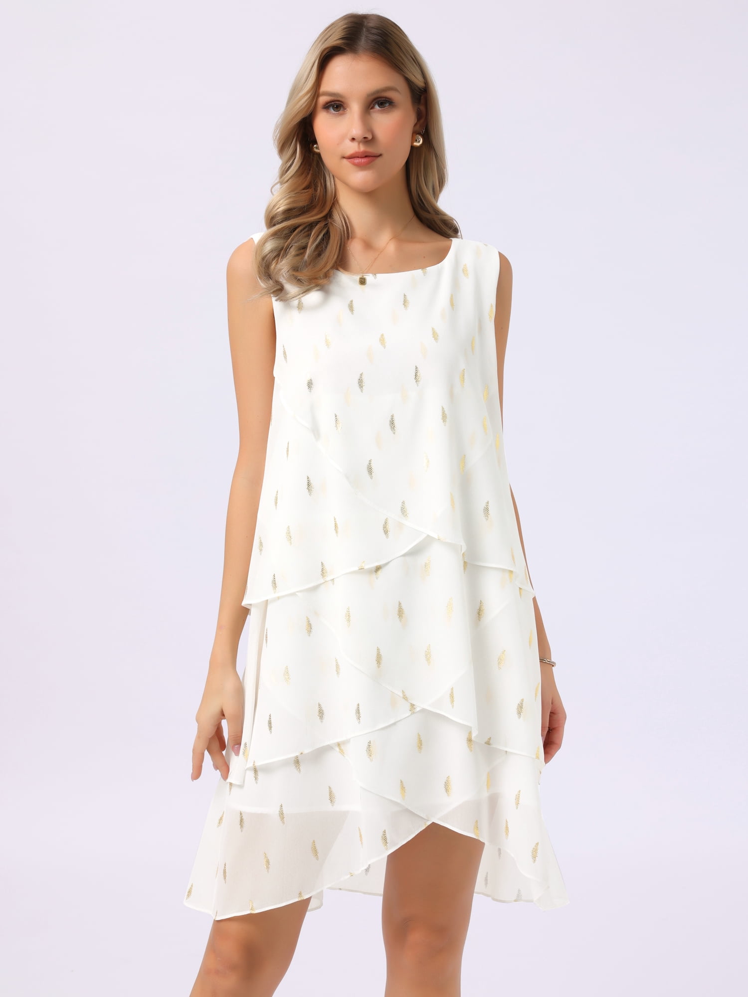 DARING DIVA Women's Party Sleeveless Crewneck Tiered Layered Chiffon Flowy Dress L White