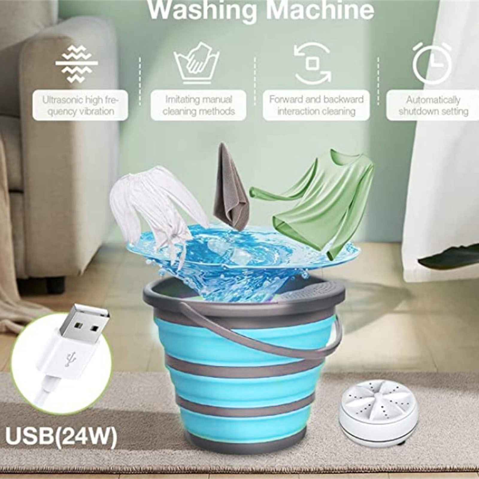 Qholemyo Folding Portable Small Washing Machine For Dormitory - Ultrasonic Turbine Mini Washer, Cleaner For Socks & Underwear