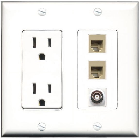 RiteAV - 15 Amp Power Outlet 2 Port Phone Beige 1 Port BNC Decorative Wall Plate
