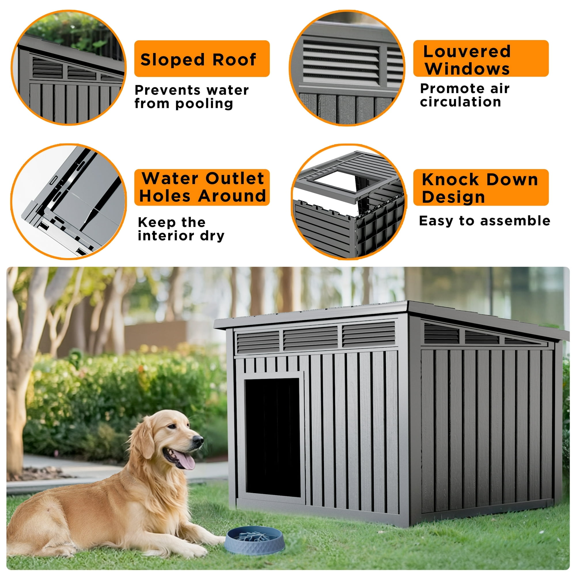 Large Dog House for Indoor & Outdoor, Weatherproof & Removable Roof, Fits Small to Large Dogs