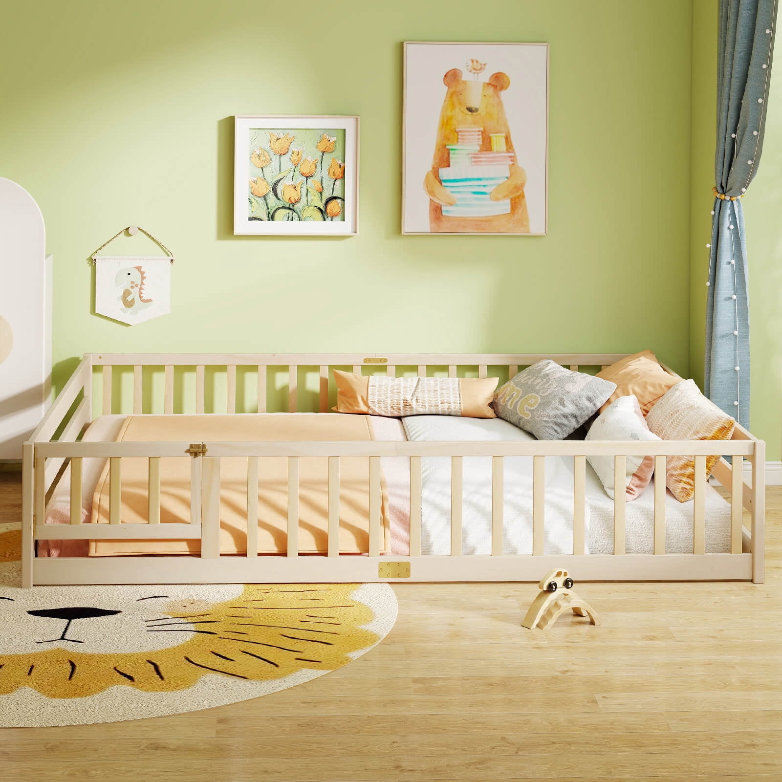 Costway Queen Size Floor Bed with Full Length Safety Guardrails & Door for Boys, Girls Natural