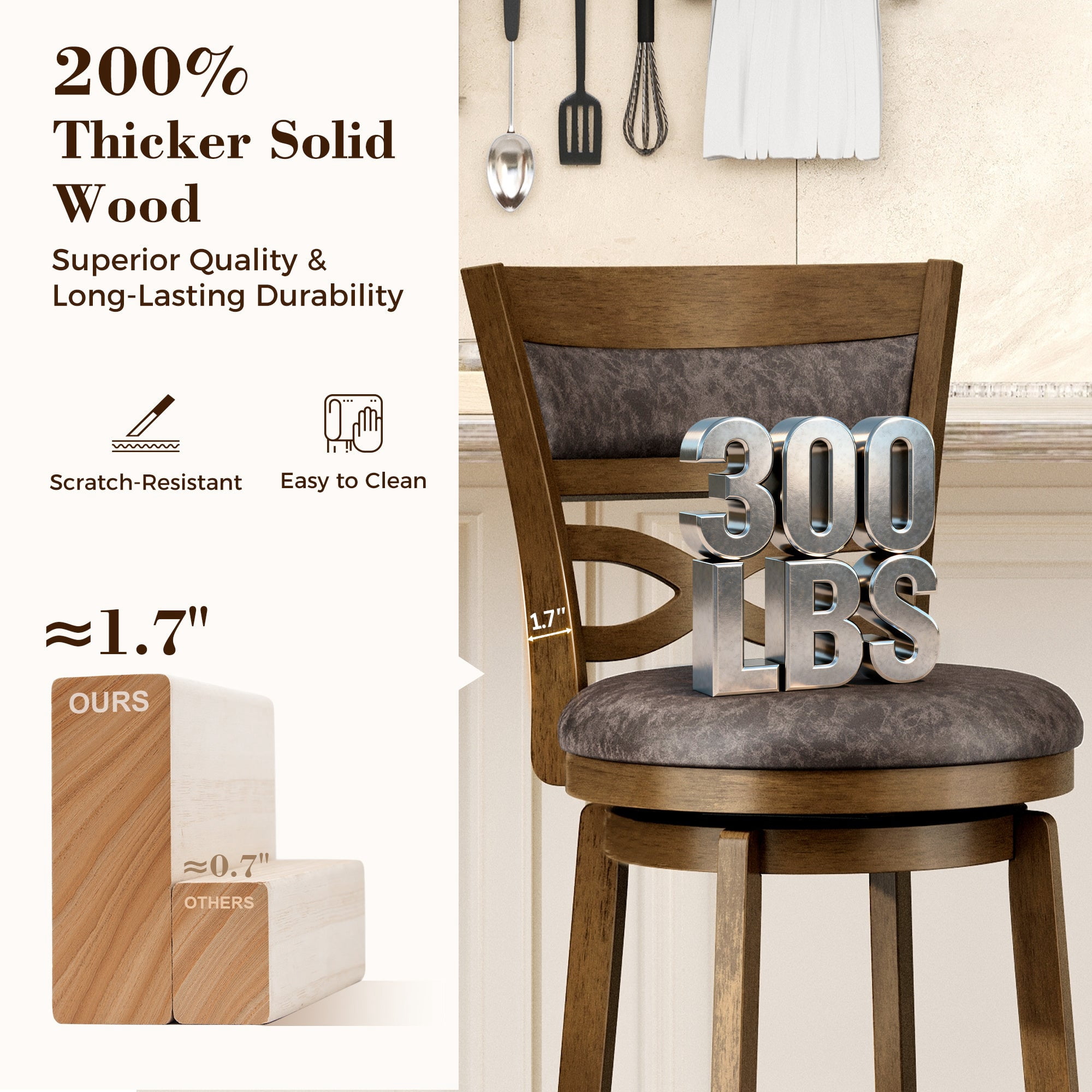 MF Studio 30" Bar Height Stool with Back Set of 4, Wood Swivel Bar Stool with Thick Upholstery Back & Extra Large Seat, Jacobean