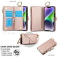 thumbnail image 5 of for iPhone 13 Wallet Case, Multi-Functional Purse Case with Card Holders Zipper Pocket, RFID Blocking Full Body Case, Shoulder Strap Wristband Crossbody Cover for iPhone 13, Rosegold, 5 of 7