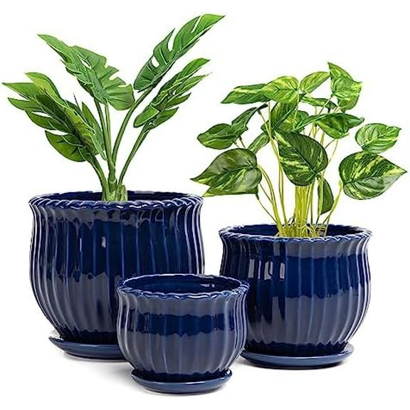 Ceramic Flower Pots, Ceramic Planters with Drainage Hole and Saucer, Modern Round Ceramic Succulent Plant Pots with Stripe Texture, Small to Medium Sized, Set of 3, Navy Blue$$Garden & Patio