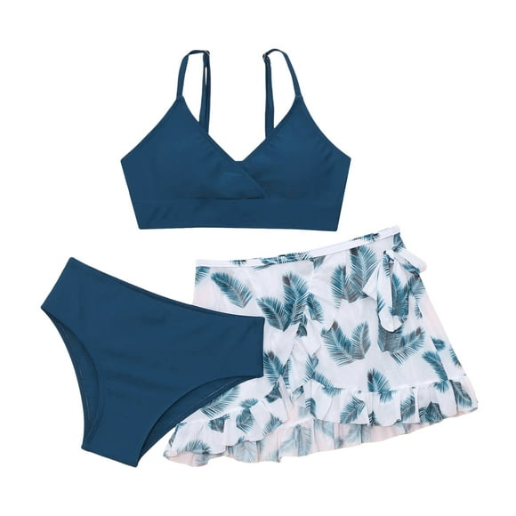 TiaoBug Kids Girls 3 Pcs Bikini Sets Spaghetti Straps Bra Brief With Swimskirts Bathing Suits Navy Blue 13Y