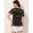 thumbnail image 4 of Blusa floral con ribete de volantes y manga corta de gasa para mujer Negro M, 4 of 5
