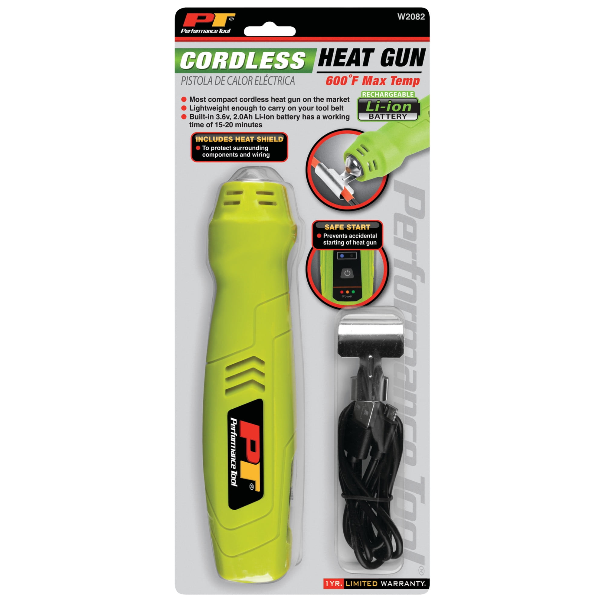 Performance Tool W2082 Compact Rechargeable Cordless Heat Gun, 600 Degree Max Output, Vinyl Wrap, Shrink Tubing, Wire Connectors, Crafts, Phone Repair