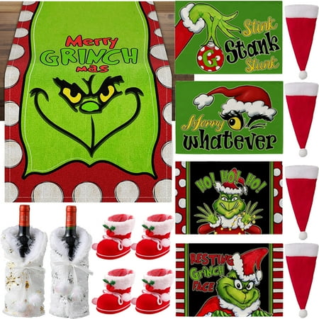 

Linen Grinch Table Runner Merry Grinchmas Tablecloth Winter Xmas Christmas Decorations and Supplies for Home Kitchen Table-13×72