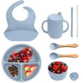 thumbnail image 1 of YOPTOP 6pcs Silicone   Baby Led Weaning Supplies  Baby Plate Set of Suction Bowl and Divided Toddler Plate  Baby Spoon  Fork  Bib  Sippy Cup with Straw and Lid  Food Grade BPA Free  Blue,skyblue, 1 of 7