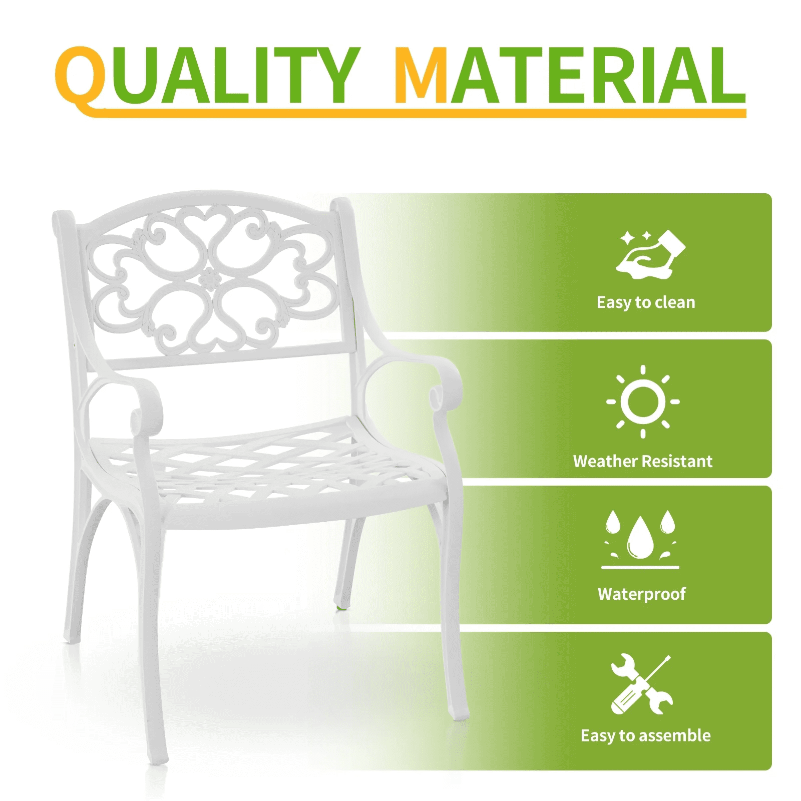 PATIO-IN Cast Aluminum Patio Chair Set of 2 with Armrests, White Metal Bistro Chairs, Outdoor Patio Dining Chairs for Garden, Porch, Poolside