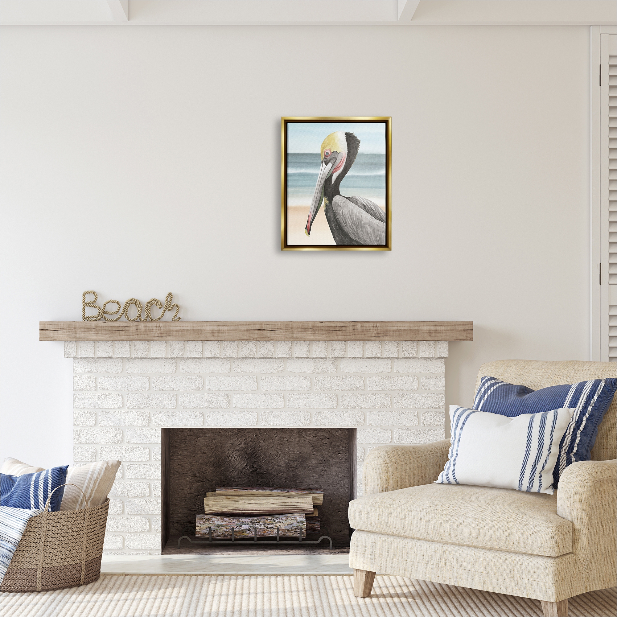 Stupell Industries Pelican & Coastal Shore Animals & Insects Painting Gold Floater Framed Canvas Art Print Wall Art, 17 x 21