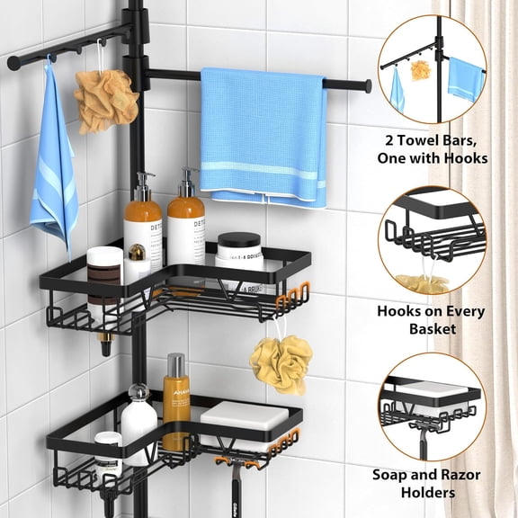 Black Shower Caddy Tension Pole with 2 Towel Bars