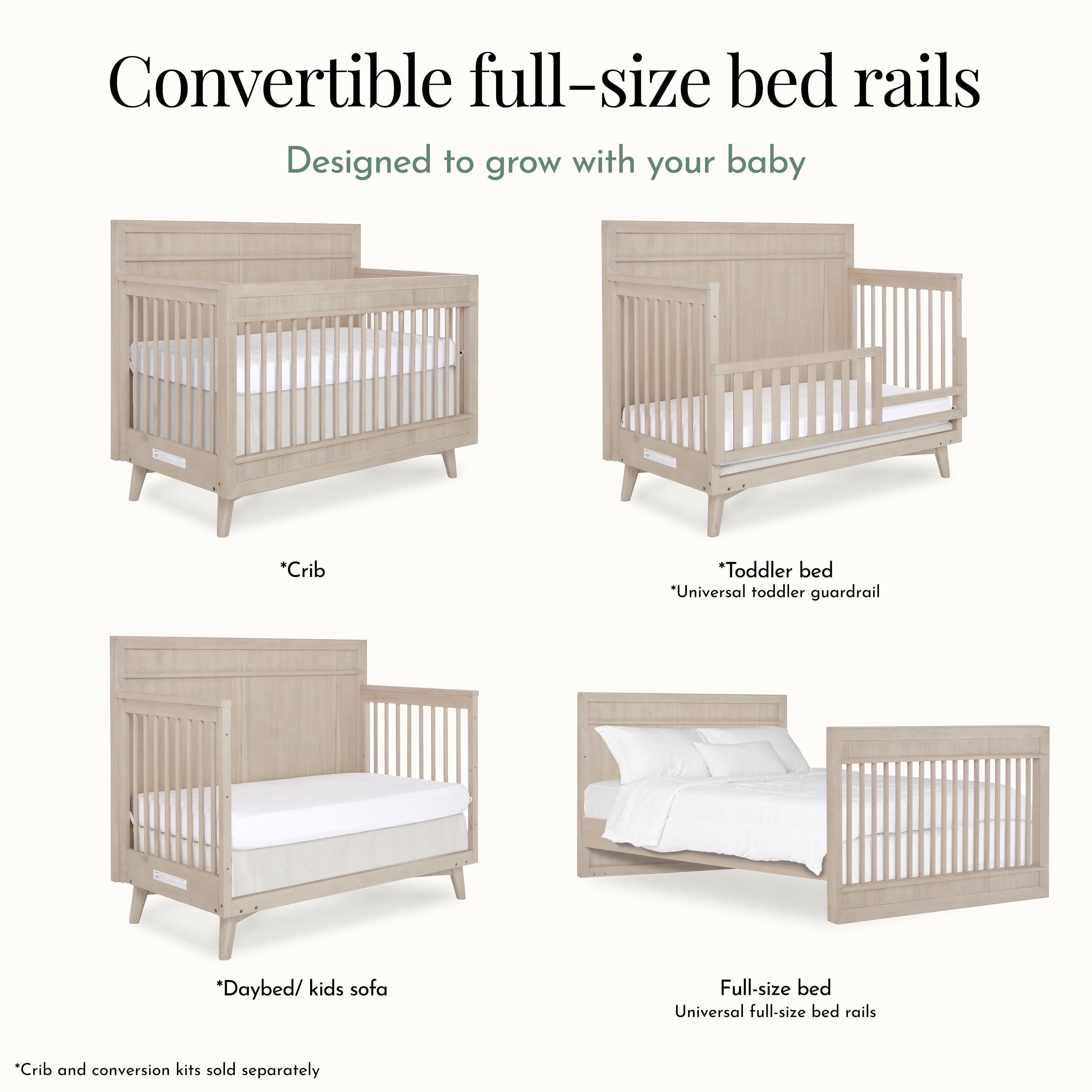 Evolur Convertible Crib Wooden Full Size Bed Rail, Sand Castle Oak
