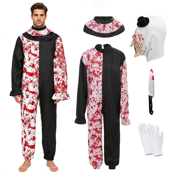 GOBWCOT Terrifying Clown Costume for Adults, Halloween Cosplay Haunted House Dress-Up Outfit for Men Women