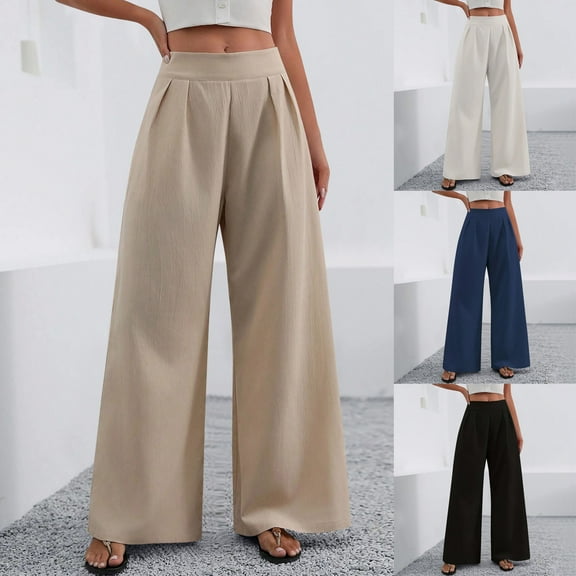 Olyvenn Women's Wide Leg Palazzo Pants High Elastic Waist Casual Work Pants Flowy Dress Trousers with Pockets Dark Blue L