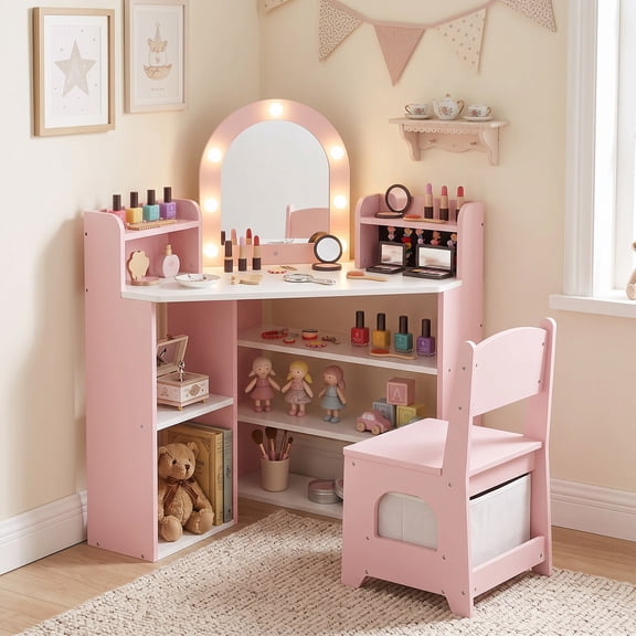 Costway Corner Kids Vanity with Lights, 3 Storage Shelves, 5 Open Compartments, Accessories Pink White