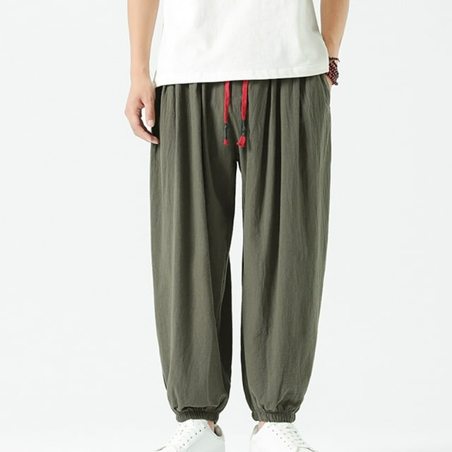 AherBiu Plus Size Mens Linen Pants Drawstring Joggers for Men Elastic Waisted Casual Loose Trousers