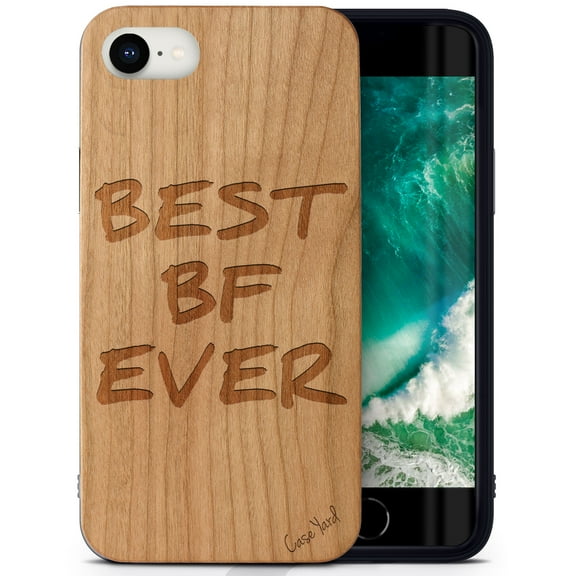 Case Yard Wooden Case Outside Soft TPU Silicone, Slim Fit Shockproof Wood Protective Phone Cover for Girls Boys Men and Women, Supports Wireless Charging Best BF Ever Design case for iPhone-SE