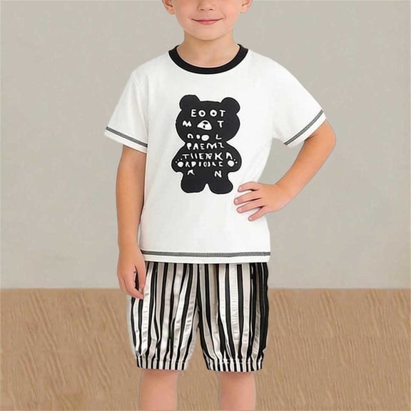 SGFCWSX Boys 2 Piece Outfits Summer Print Short Sleeve T Shirt Striped Elastic Waist Shorts Casual Set for Kids Black Size 12M