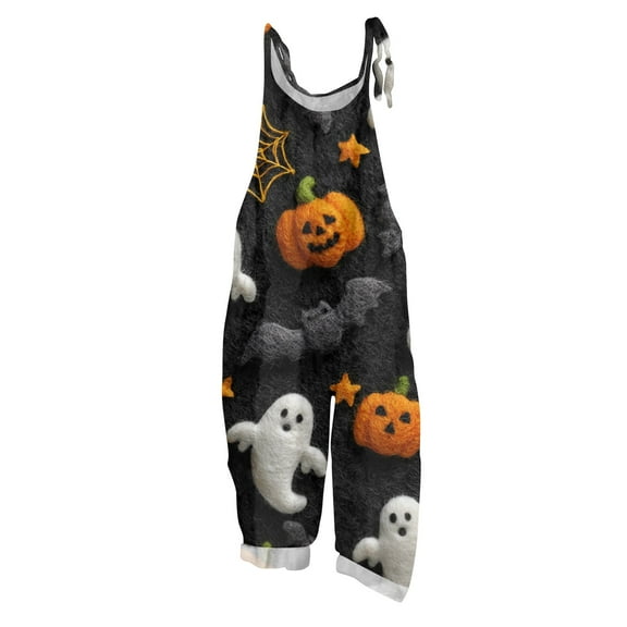 WTOBBY Women's Casual Loose Fit Vintage Jumpsuit with Halloween Bat Print, Cotton Linen Blend Fabric and Shoulder Strap Design for Retro Style Comfort,BlackL