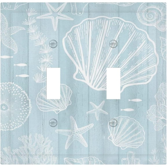 Decorative Light Switch Cover Plate Seashell Starfish Blue Wood Plank 2 Gang Outlet Covers Double Toggle Wall Plates for Electrical Outlets Switch Plate Covers Faceplate for Bedroom Home Decor
