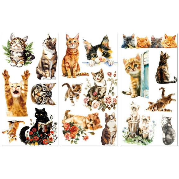 3 Sheets 3 styles PVC Waterproof Decorative Stickers Self Adhesive Decals for Furniture Decoration Cat Shape 300x150mm 1 sheet/style Plastic