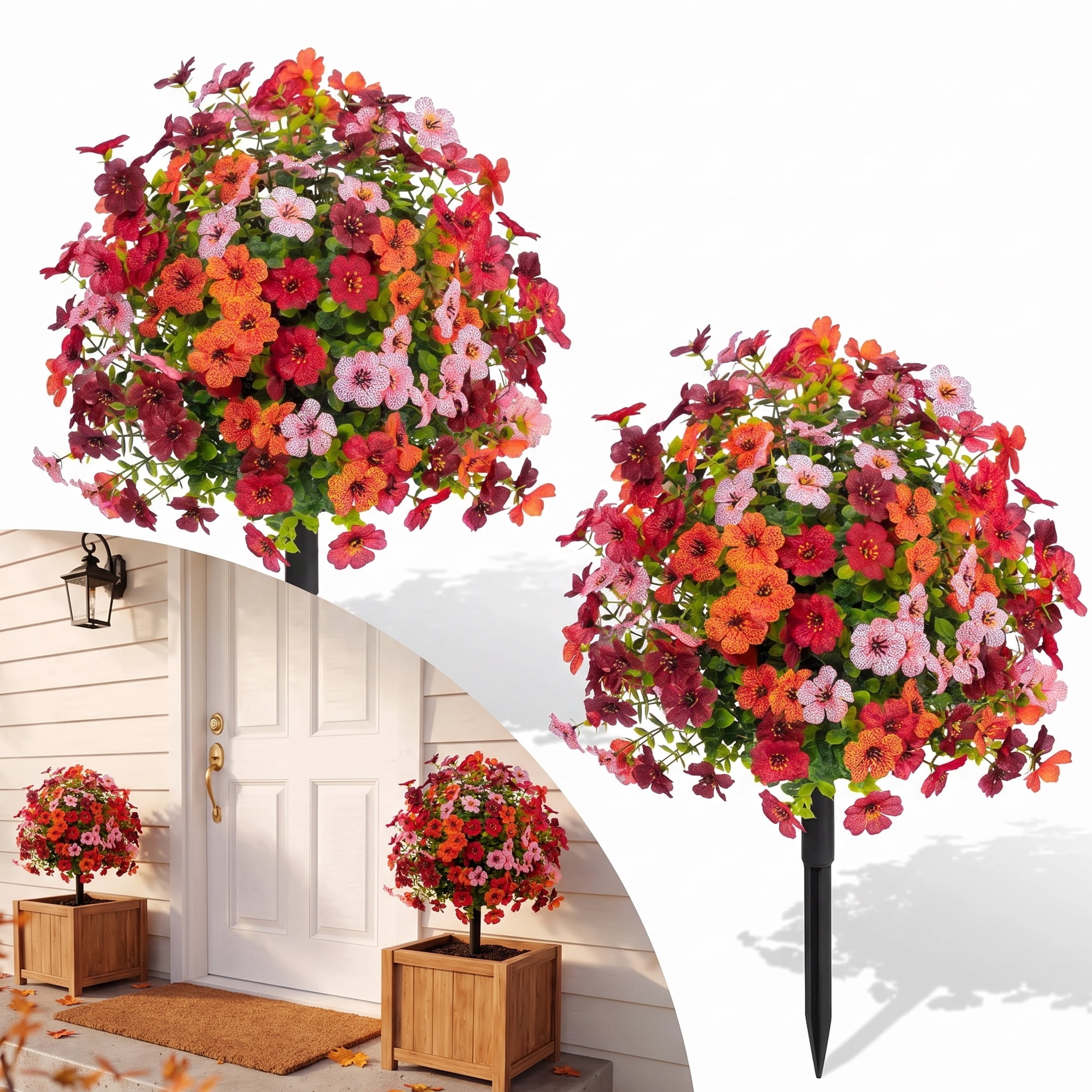 Scidweet 2 Pack 22" Artificial Fall Flowers Outdoors, Fake Topiary Balls Flowers with Spike Faux Silk Plants Fall Decoration for Home Outside Indoors Garden Porch Patio Autumn Decor