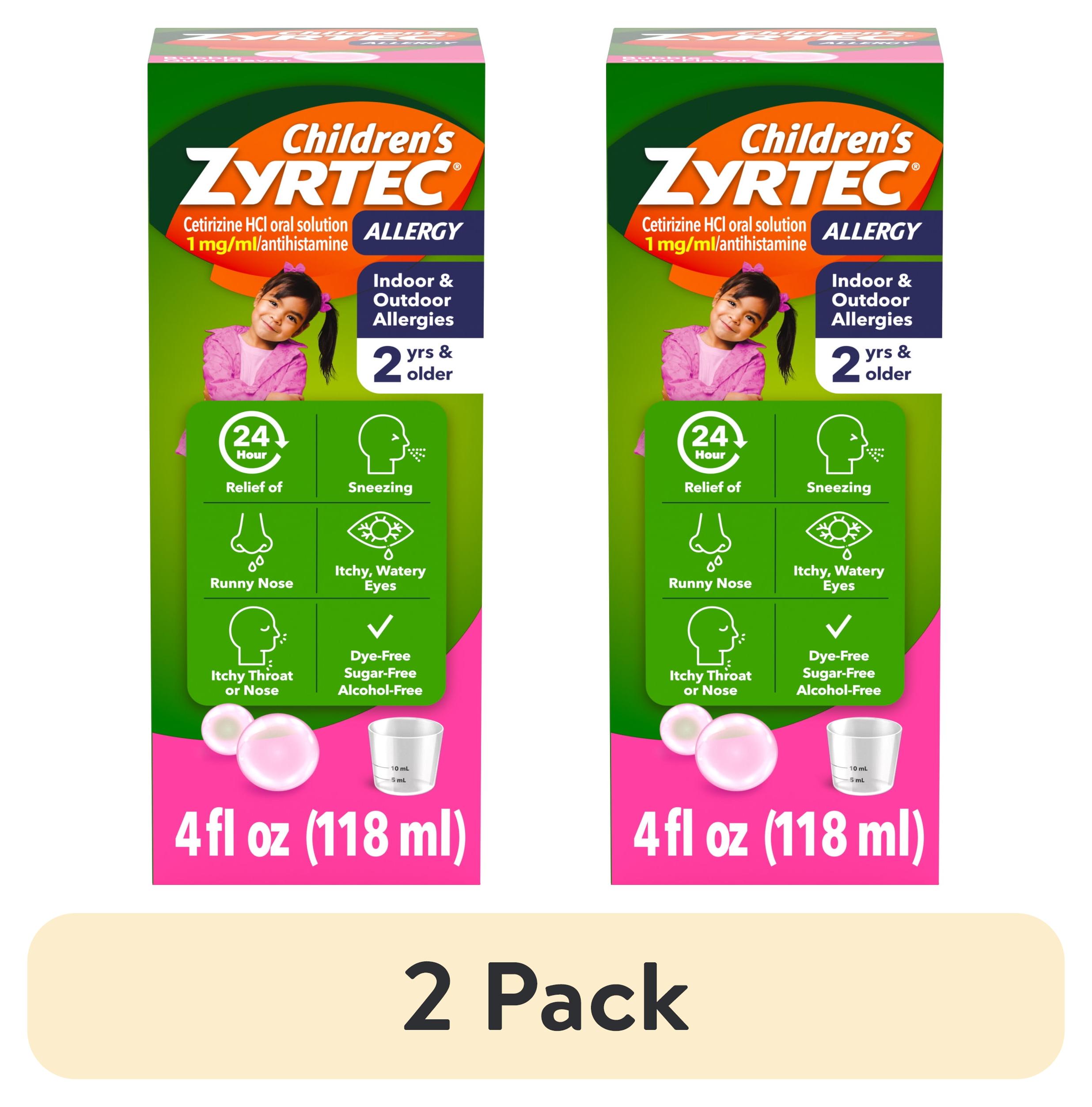 (2 pack) Children's Zyrtec Liquid Allergy Syrup, Free of Dyes, Sugar, Alcohol, Bubble Gum Flavor, 4 fl. oz