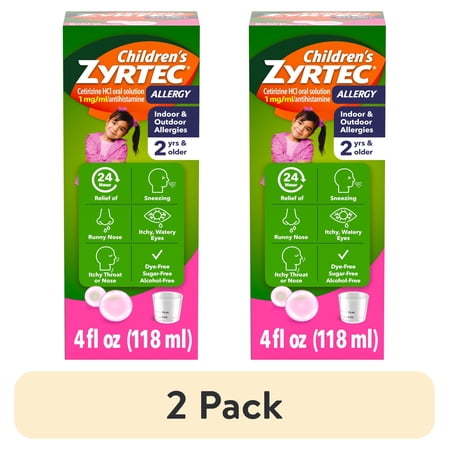 (2 pack) Children's Zyrtec Liquid Allergy Syrup, Free of Dyes, Sugar, Alcohol, Bubble Gum Flavor, 4 fl. oz