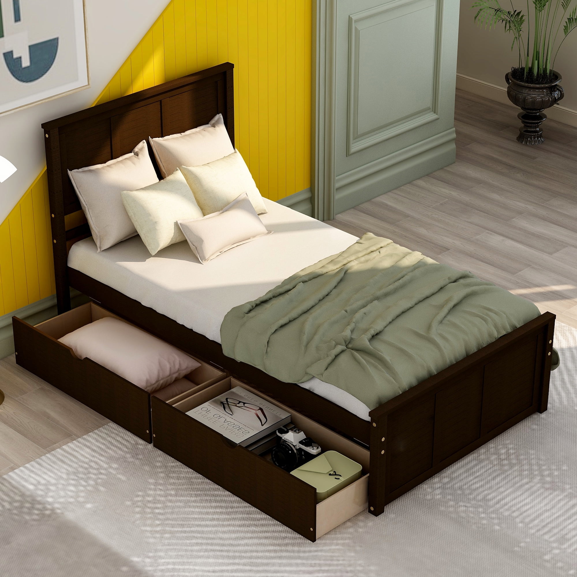 Euroco Wood Twin Platform Bed with Headboard & 2 Storage Drawers for Kids, Espresso
