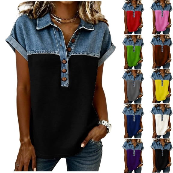 Agkizg Women's Collared Short Sleeve Blouse Patchwork Printed Casual Fashion Button Down Shirt Top