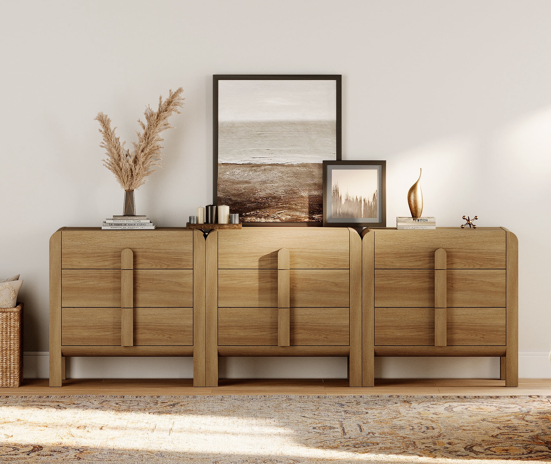 9 Drawer Dresser and Nightstand Sets for Bedroom, 5 Pcs Bedroom Set，Night Stand Set of 2, 9 Drawer Dresser with Curved Profile Design, Wood Chest of Drawers Mid Century Storage Cabinet Set