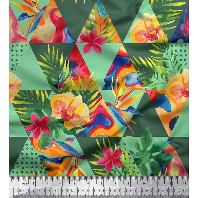 Soimoi polyester Crepe Fabric Check,Leaves & Tropical Flower Print Sewing Fabric Yard 52 Inch Wide