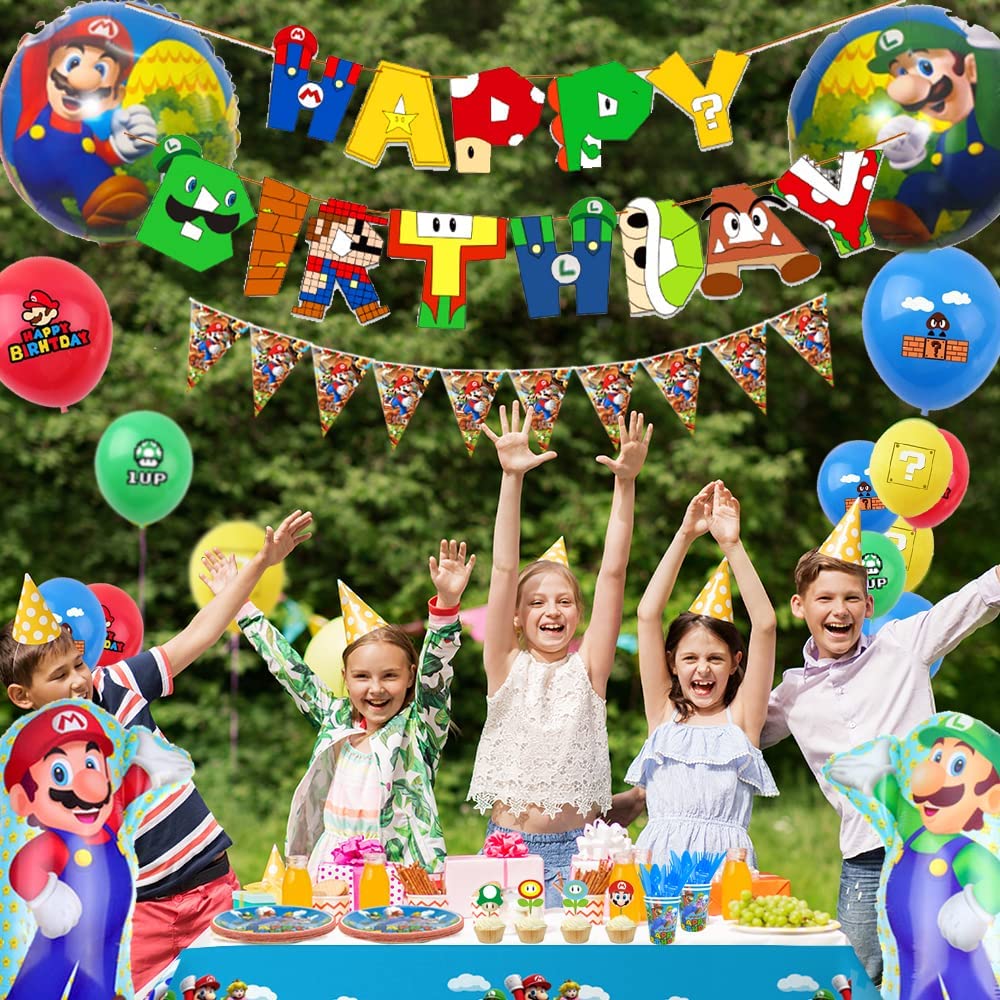 Mario Birthday Party Supplies, 115pcs Mario Birthday Decorations&Tableware-Mario Birthday Banner Plates Napkins Cups Tablecloth Balloons etc Super Mario Birthday Decorations Supplies