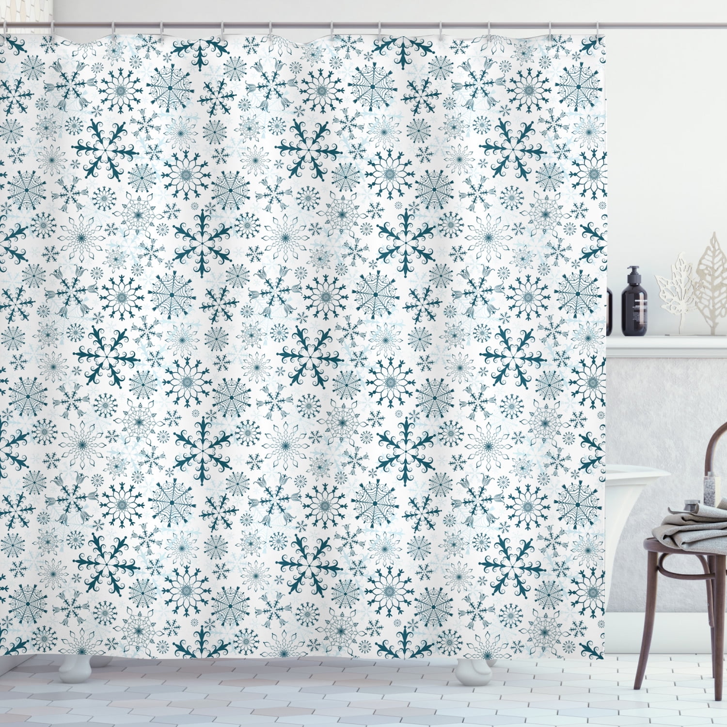 Ambesonne Winter Shower Curtain, Merry Xmas Snowflakes, 69"Wx75"L, Teal White