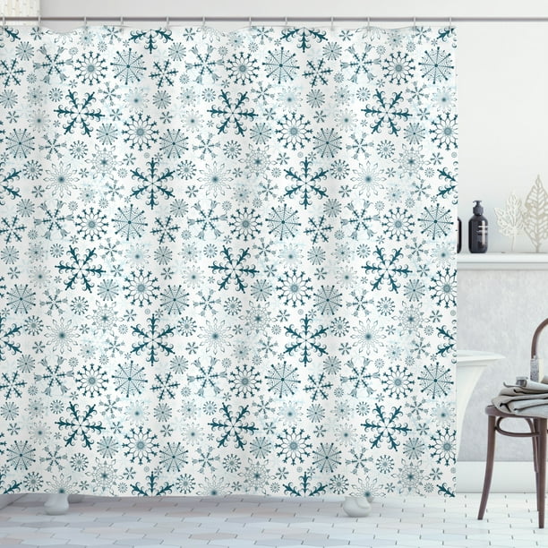 Winter Shower Curtain, Merry Xmas Theme Delicate Snowflakes Cold
