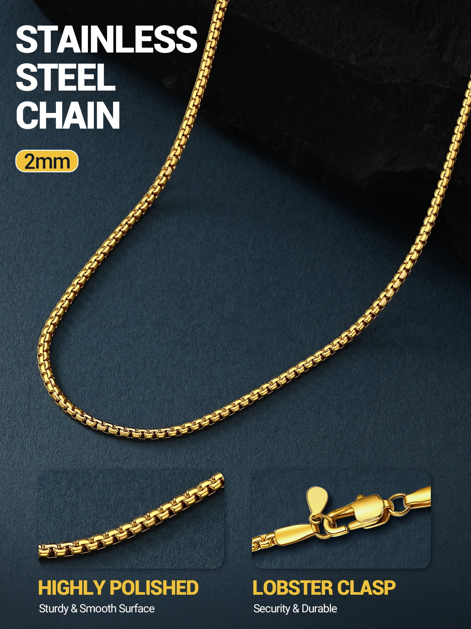 PROSTEEL 14K Gold Plated Chain for Men Women Stainless Steel Round Link Chain Necklaces 2mm Non-tarnish Hypoallergenic Birthday Valentines Day Jewelry Gift 28 Inch