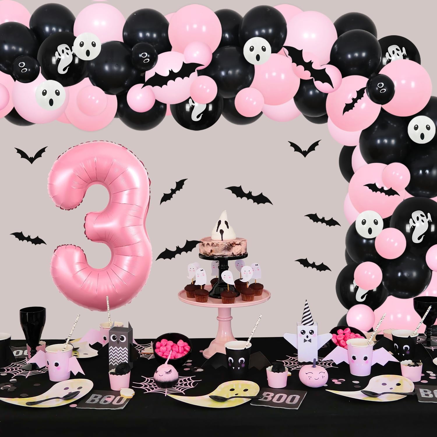 84Pcs Trick or Three Theme Halloween 3rd Birthday Party Decoration Pink Black Balloon Garland Arch Kit Number 3 Foil Balloon 3D Bat Wall Stickers for Girls Halloween Three Birthday Party Decor Favors