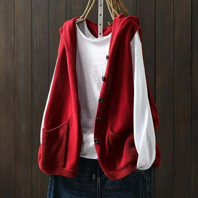 Gilet Tricoté à Capuche Cardigan Décontracté avec Poches Sans Manches Ouvert Mode Automne Hiver Gilets pour Femmes