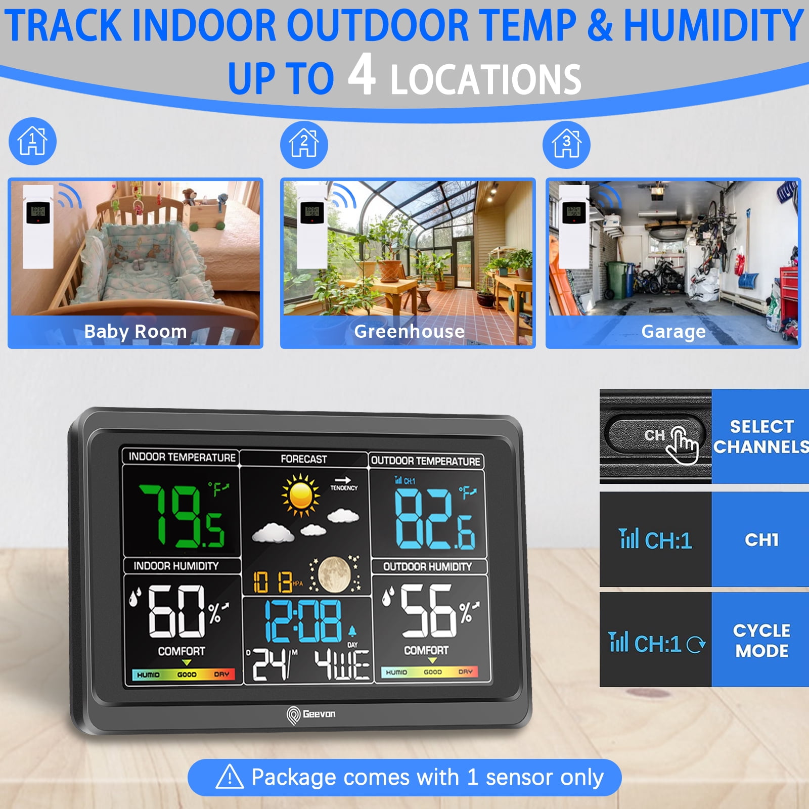 Geevon Weather Station Wireless Indoor Outdoor Thermometer, Color Display Digital Weather Thermometer with Alarm Clock, Barometric Pressure, Calendar, USB Charge, and Backlight(350°view angle)