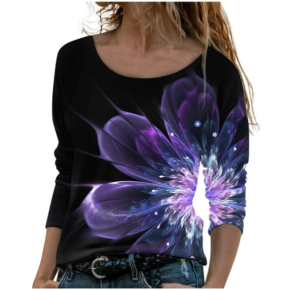 IROINNID Discount Womens Long Sleeve Tops Lounge Printing Round Neck Loose T-Shirt Autumn Blouse Pullover Tops,Black