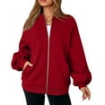thumbnail image 4 of WTOBBY Women's Oversized Zip Up Jacket, Solid Color V-Neck Long Sleeve, Loose Fit Casual Outerwear, Street Fashion Style, Comfortable Lightweight Coat,Red S, 4 of 6