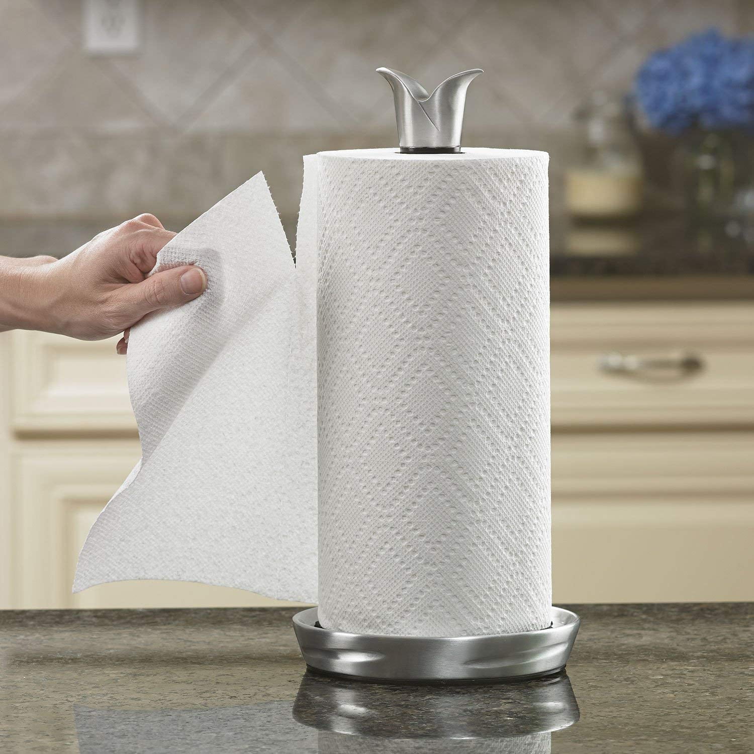 Polder Fleur Single-Tear Standing Paper Towel Holder with Heavyweight Base, Stainless Steel