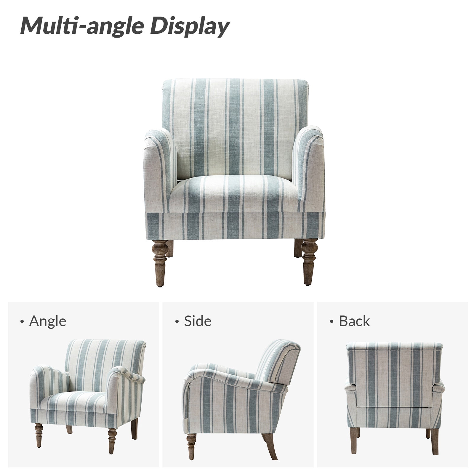 Stripe Armchair Upholstered Wooden Legs Accent Chair for Home Living Room Bedroom Adult Blue Stripe