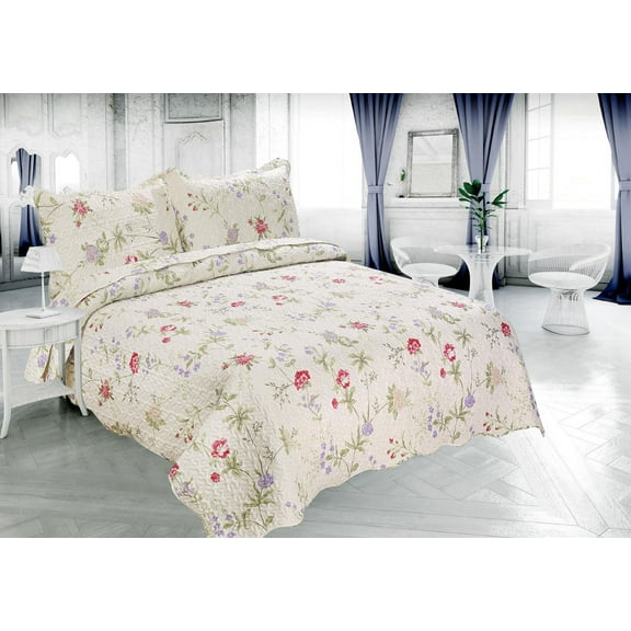 Marina Decoration Couvre-lit Pinsonic imprimé en relief ultra doux avec taies d'oreiller, motif floral clair rose vert rouge violet crème